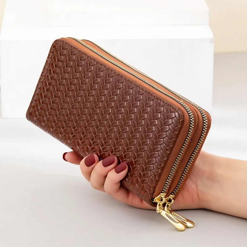 Braided Pattern Glossy Wallet In Brown